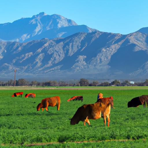 Một bức ảnh chân dung của một đàn bò đang bò đồng trên cánh đồng xanh mướt với dãy núi xanh nằm phía sau.