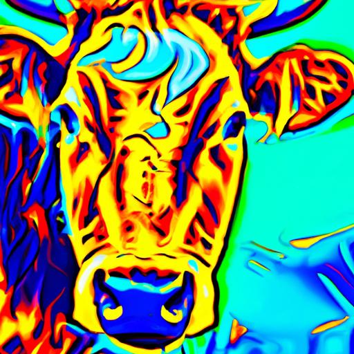 Một bức vẽ nghệ thuật với hình ảnh đầu bò được phóng đại các đặc điểm với màu sắc tươi sáng.